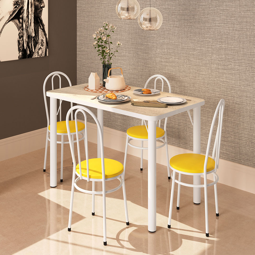 Conjunto de Mesa de Cozinha com 4 Lugares Roma Branco e Amarelo