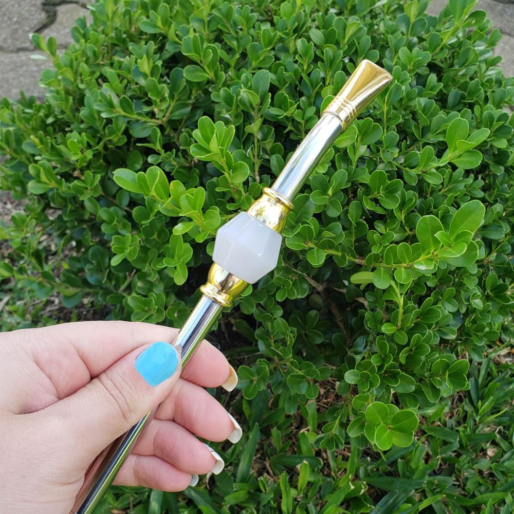 Bomba de Chimarrão Bojo Mil Furos Inox 25cm Pedra Ágata com
