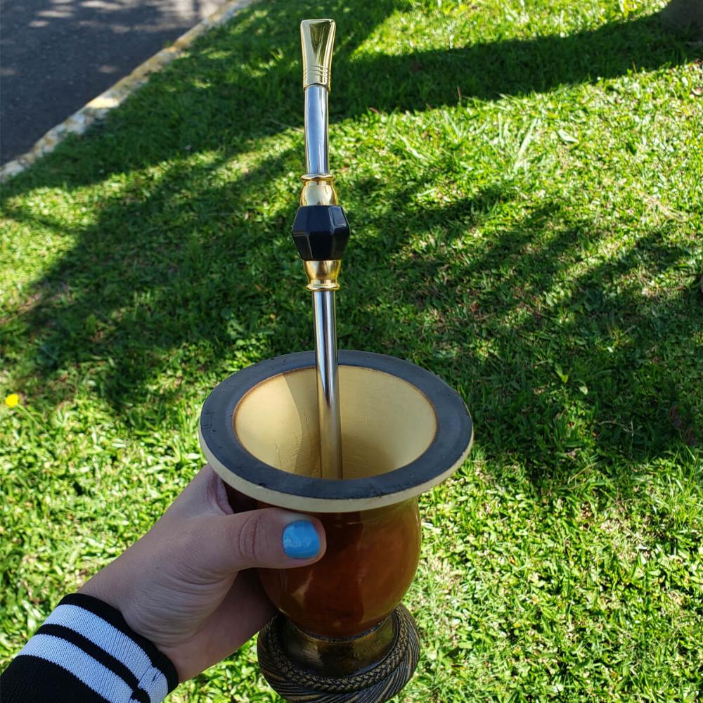 Bomba de Chimarrão Bojo Mil Furos Inox 25cm Pedra Ágata com