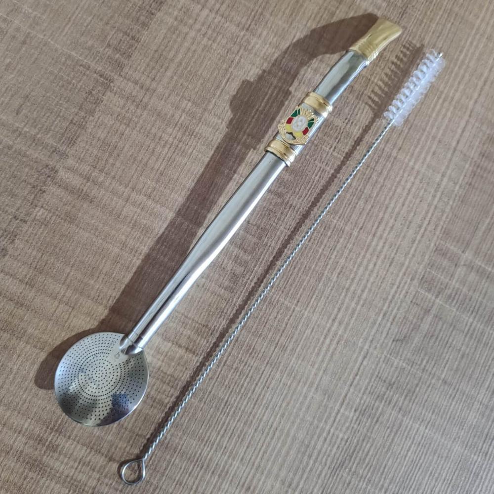 Bomba de Chimarrão Inox 25cm Mil Furos Brasão Bojo Rosca Escovinha Bortonaggio