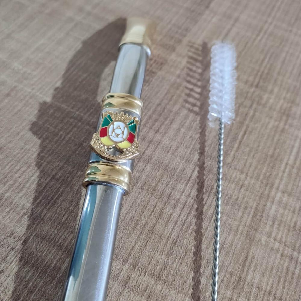 Bomba de Chimarrão Inox 25cm Mil Furos Brasão Bojo Rosca Escovinha Bortonaggio