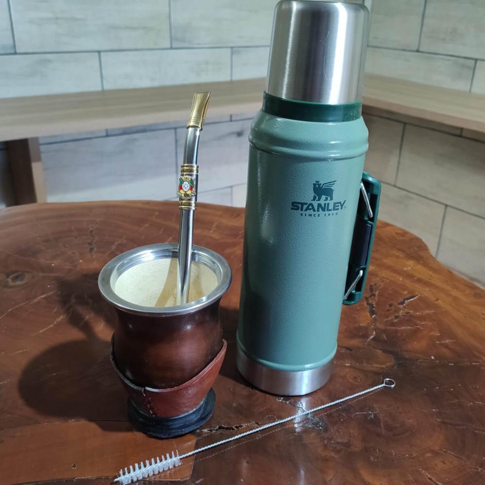 Bomba de Chimarrão Inox 25cm Mil Furos Brasão Bojo Rosca Escovinha Bortonaggio