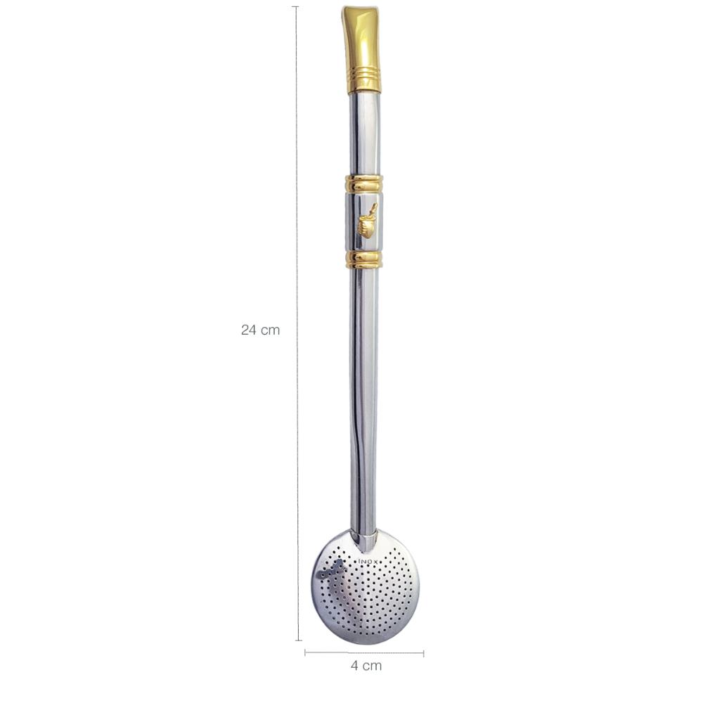 Bomba para Chimarrão Tererê Aço Inox 304 e Ouro 18k Pingente Cuia