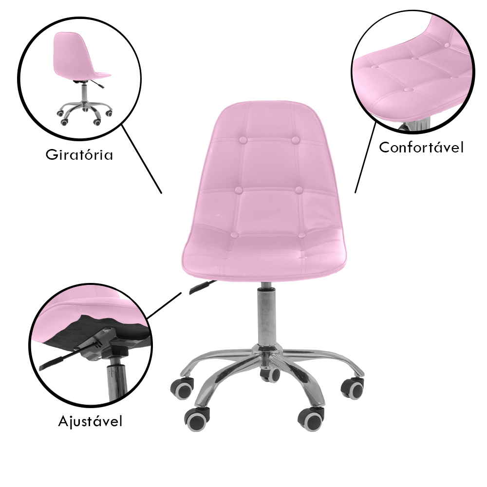 Cadeira Office Eiffel Botonê Ajustável Base Giratória - Rosa