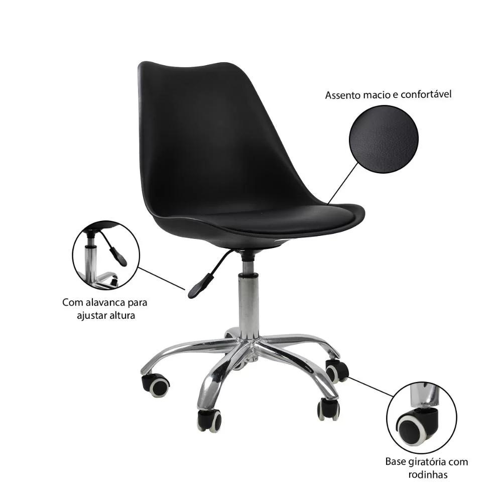 Kit 06 Cadeiras Office Base Cromada Giratória Saarinen - Preto