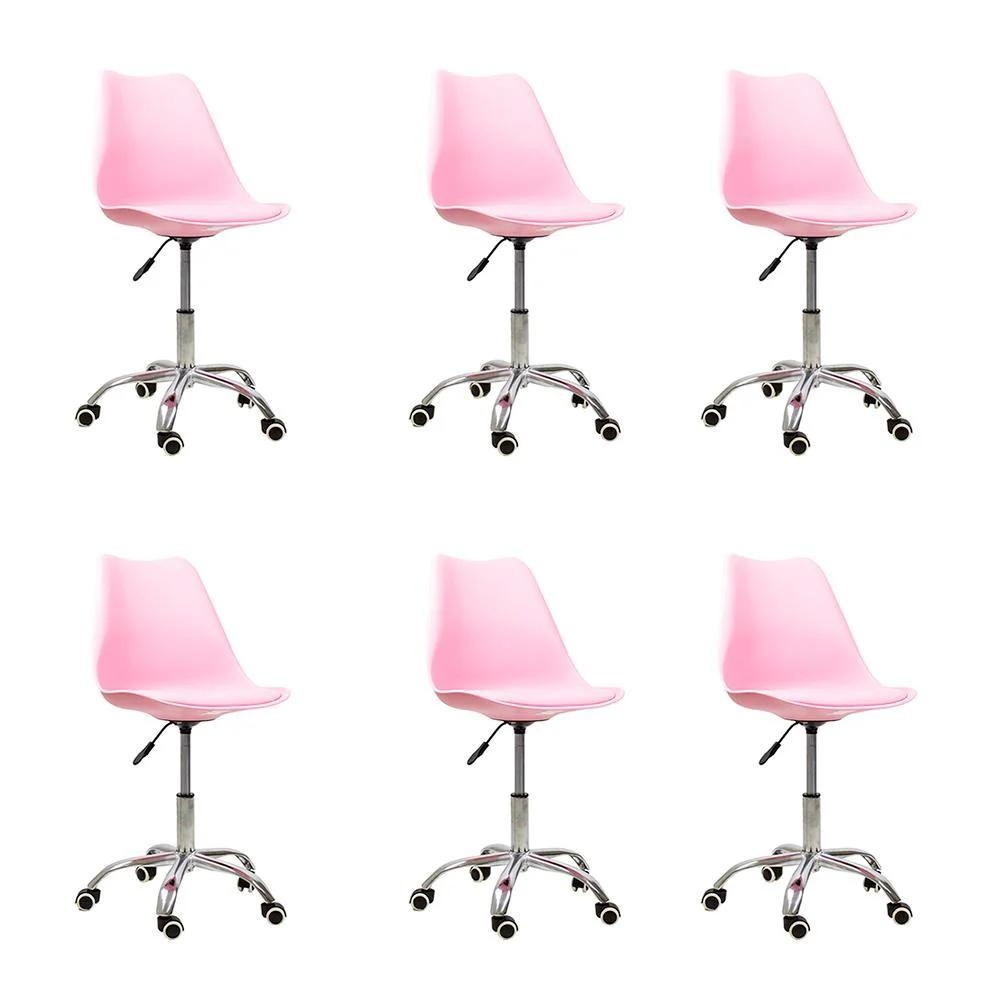Kit 06 Cadeiras Office Base Cromada Giratória Saarinen - Rosa