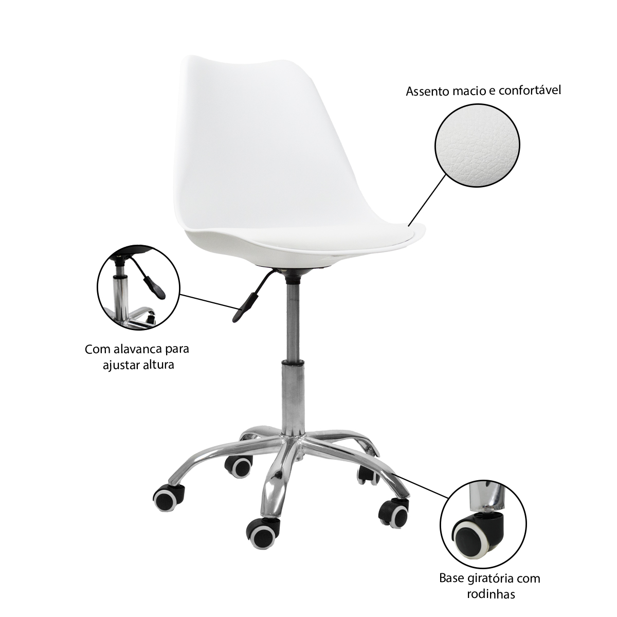 Kit 2 Cadeiras Office Base Cromada Com Rodizio Girat¢ria Saarinen Branco