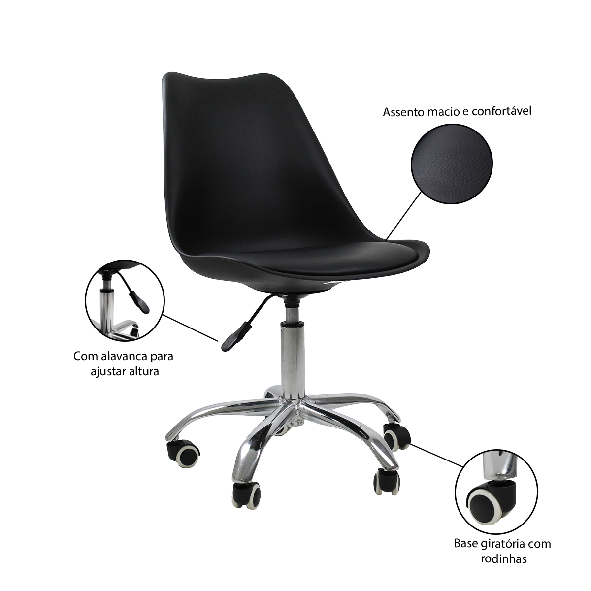 Kit 2 Cadeiras Office Base Cromada Com Rodizio Girat¢ria Saarinen Preto