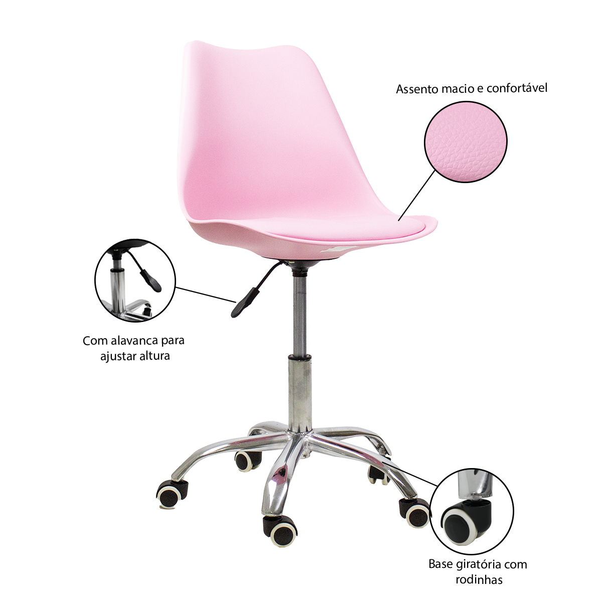 Kit 2 Cadeiras Office Base Cromada Com Rodizio Girat¢ria Saarinen Rosa