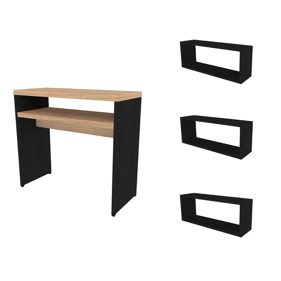 Conjunto de Aparador e 3 Nichos Balin Preto e Carvalho Mel