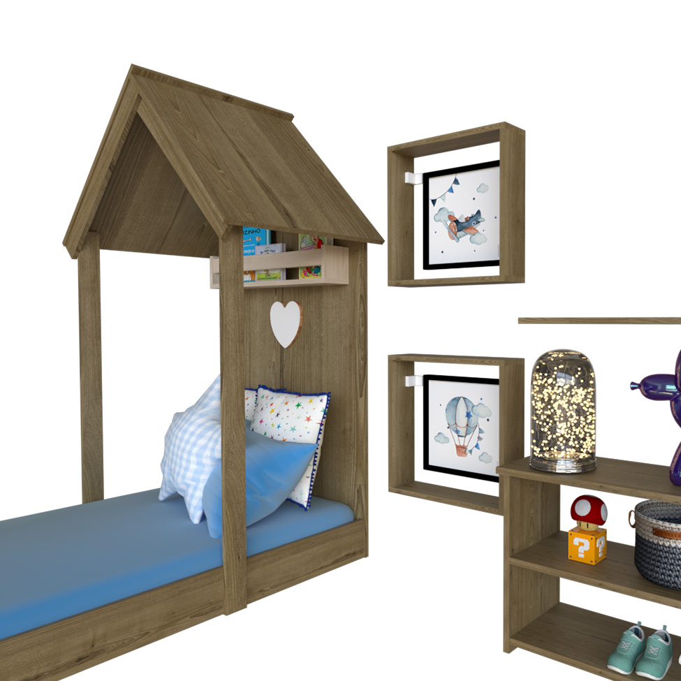 Conjunto de Cama Infantil com Estante, Prateleira e Nichos Enjoy Carvalho
