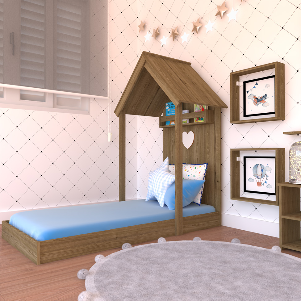 Conjunto de Cama Infantil com Estante, Prateleira e Nichos Enjoy Carvalho
