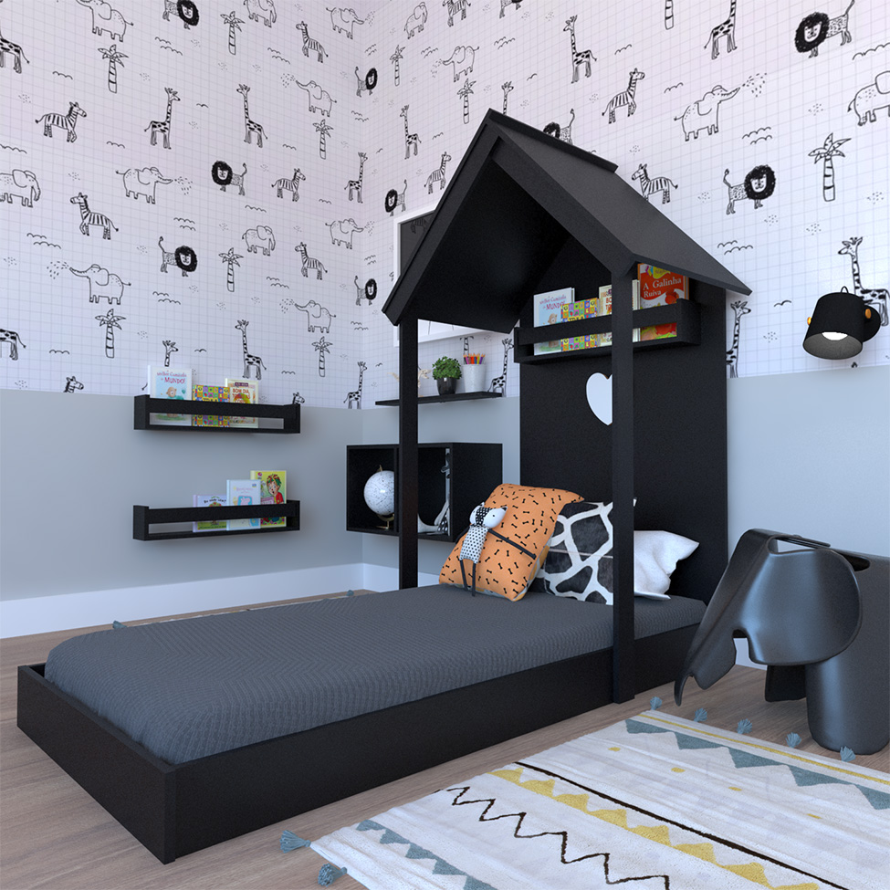 Conjunto de Cama Infantil com Nicho, Prateleira e Revisteiro Zoe Preto