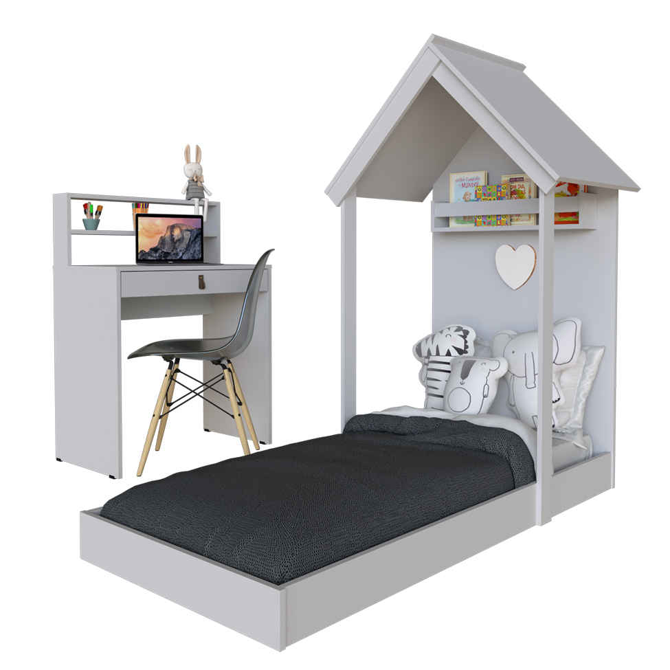 Conjunto de Cama com Escrivaninha KitCubos Cinza Cristal