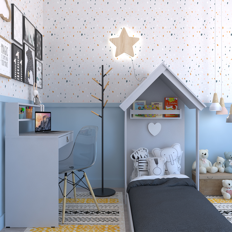 Conjunto de Cama com Escrivaninha KitCubos Cinza Cristal