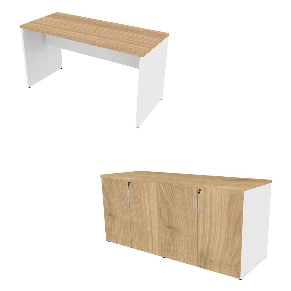 Conjunto de Escrivaninha com Armário de Escritório Tonal 4 PT Branco e Carvalho Mel