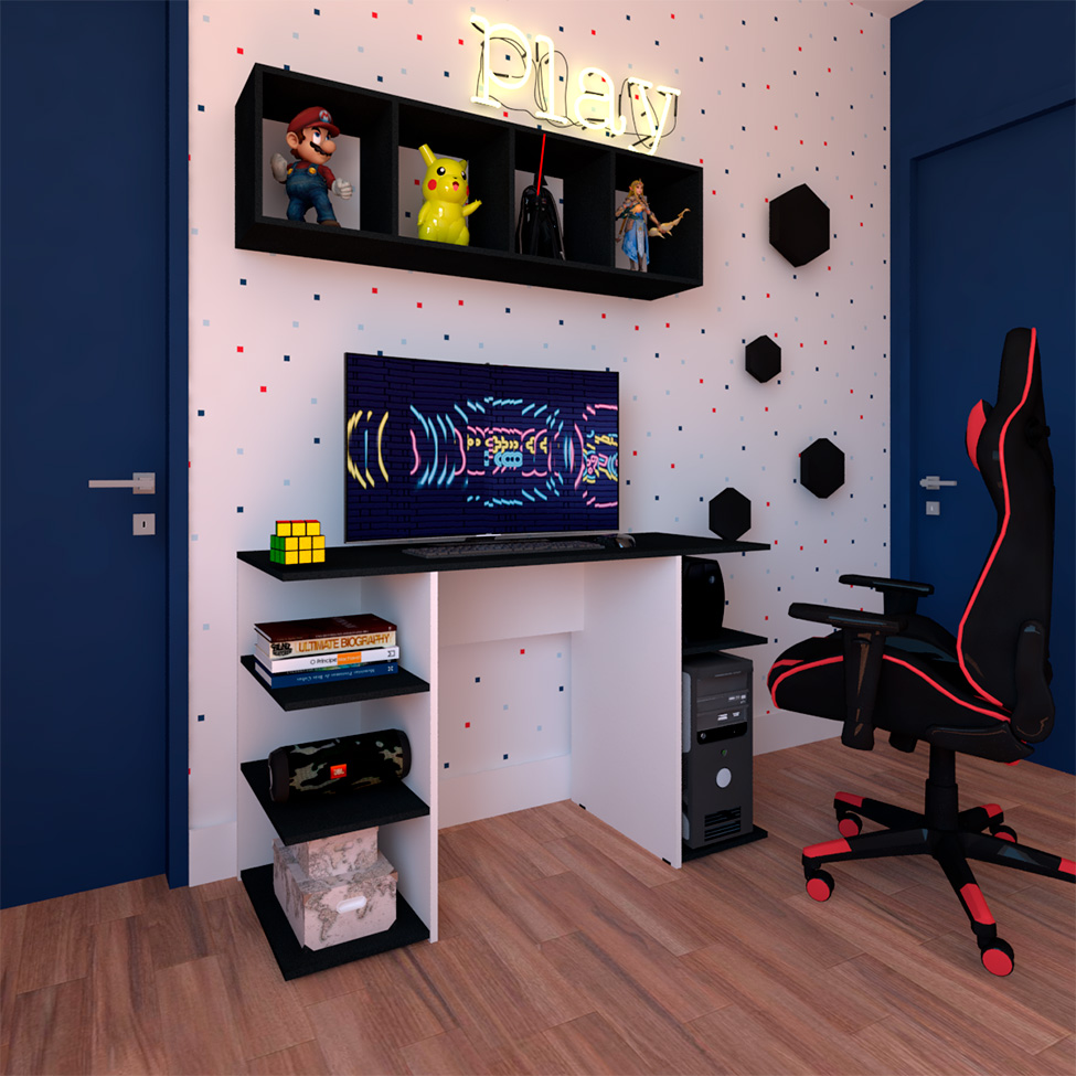 Conjunto de Mesa Gamer com Nicho Ciati Branco e Preto