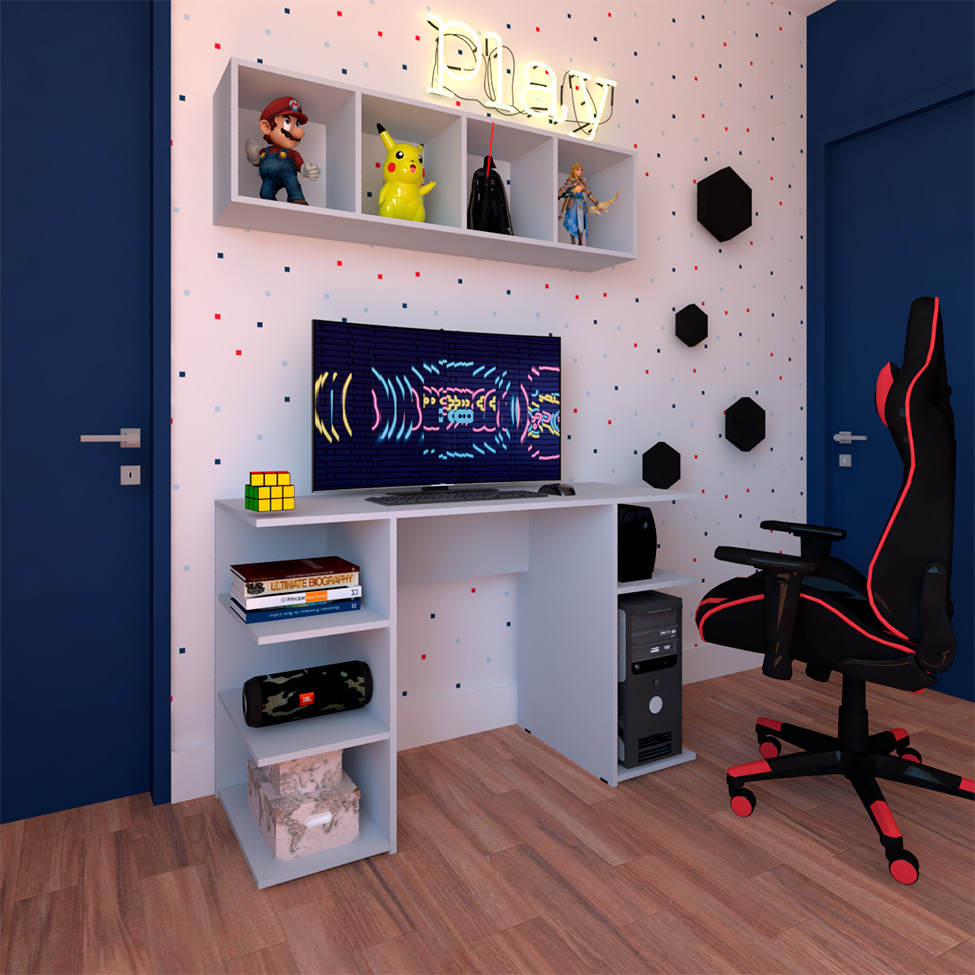 Conjunto de Mesa Gamer com Nicho Ciati Cinza Cristal