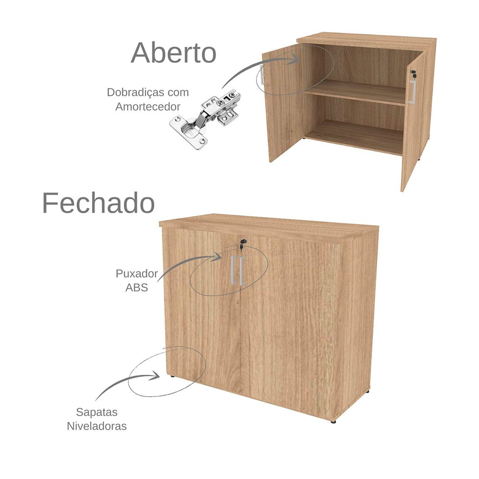 Conjunto de Mesa com Armário de Escritório, Armário Aéreo e 3 Prateleiras Corar Carvalho Mel