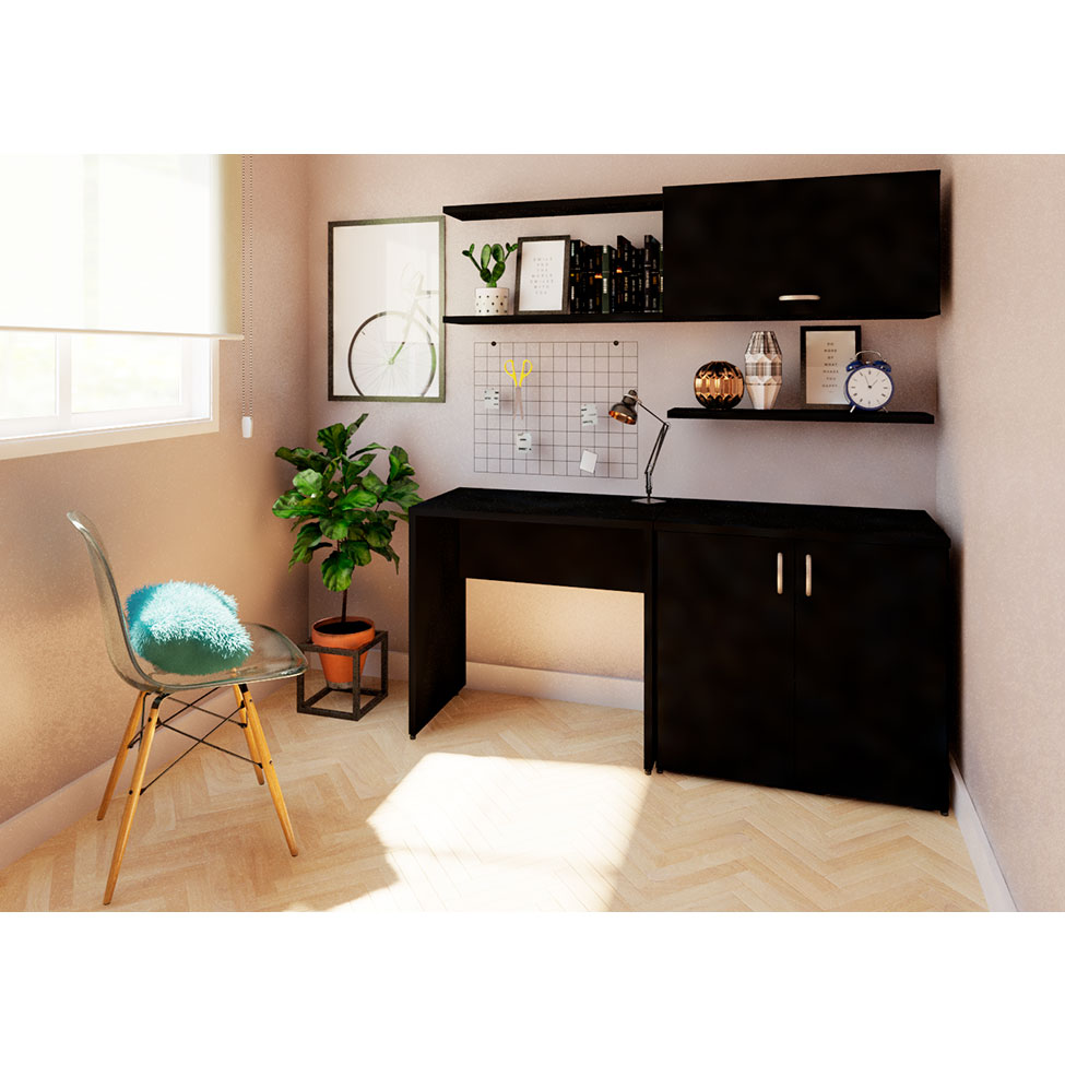 Conjunto de Mesa com Armário de Escritório, Armário Aéreo e 3 Prateleiras Corar Preto