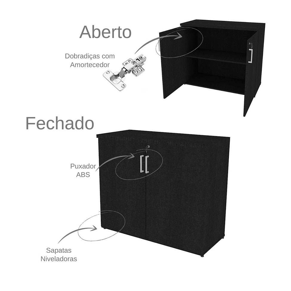 Conjunto de Mesa com Armário de Escritório, Armário Aéreo e 3 Prateleiras Corar Preto