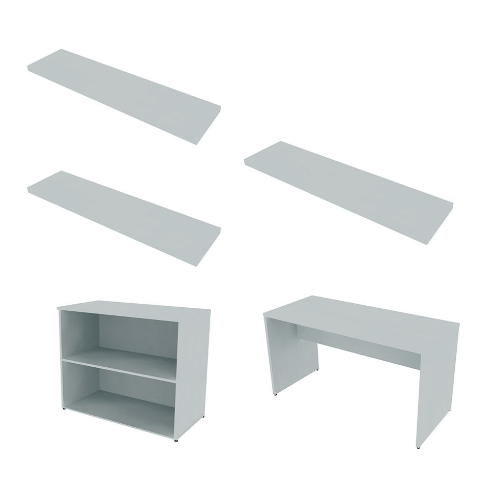 Conjunto de Mesa com Estante e 3 Prateleiras Siena Cinza Cristal