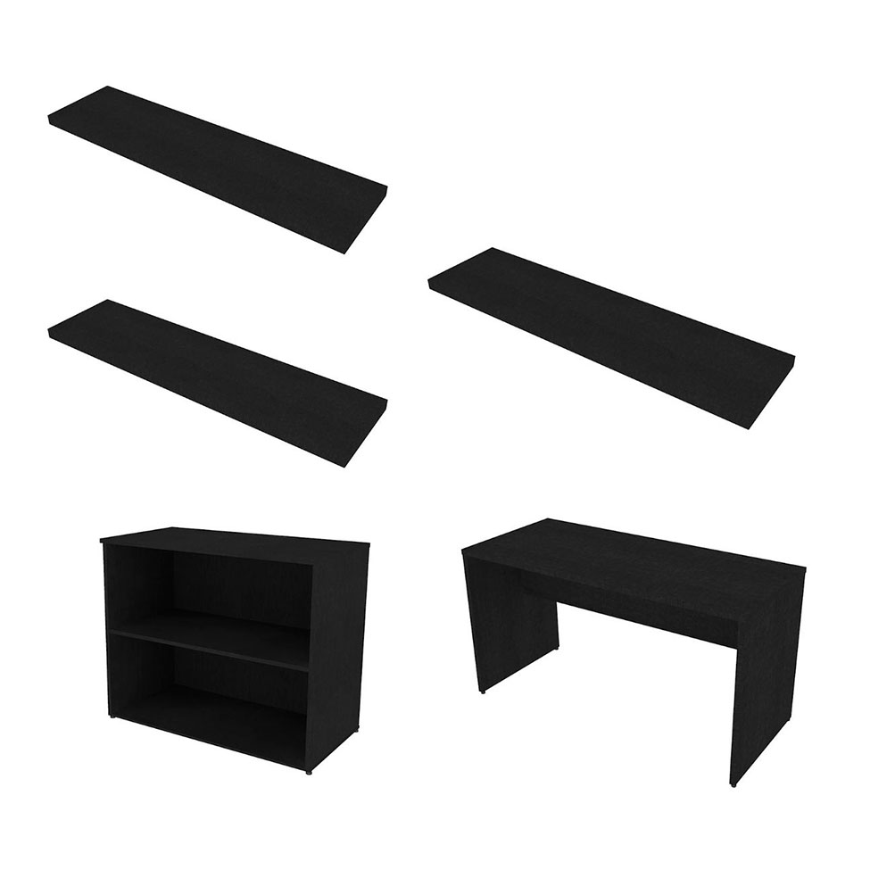 Conjunto de Mesa com Estante e 3 Prateleiras Siena Preto