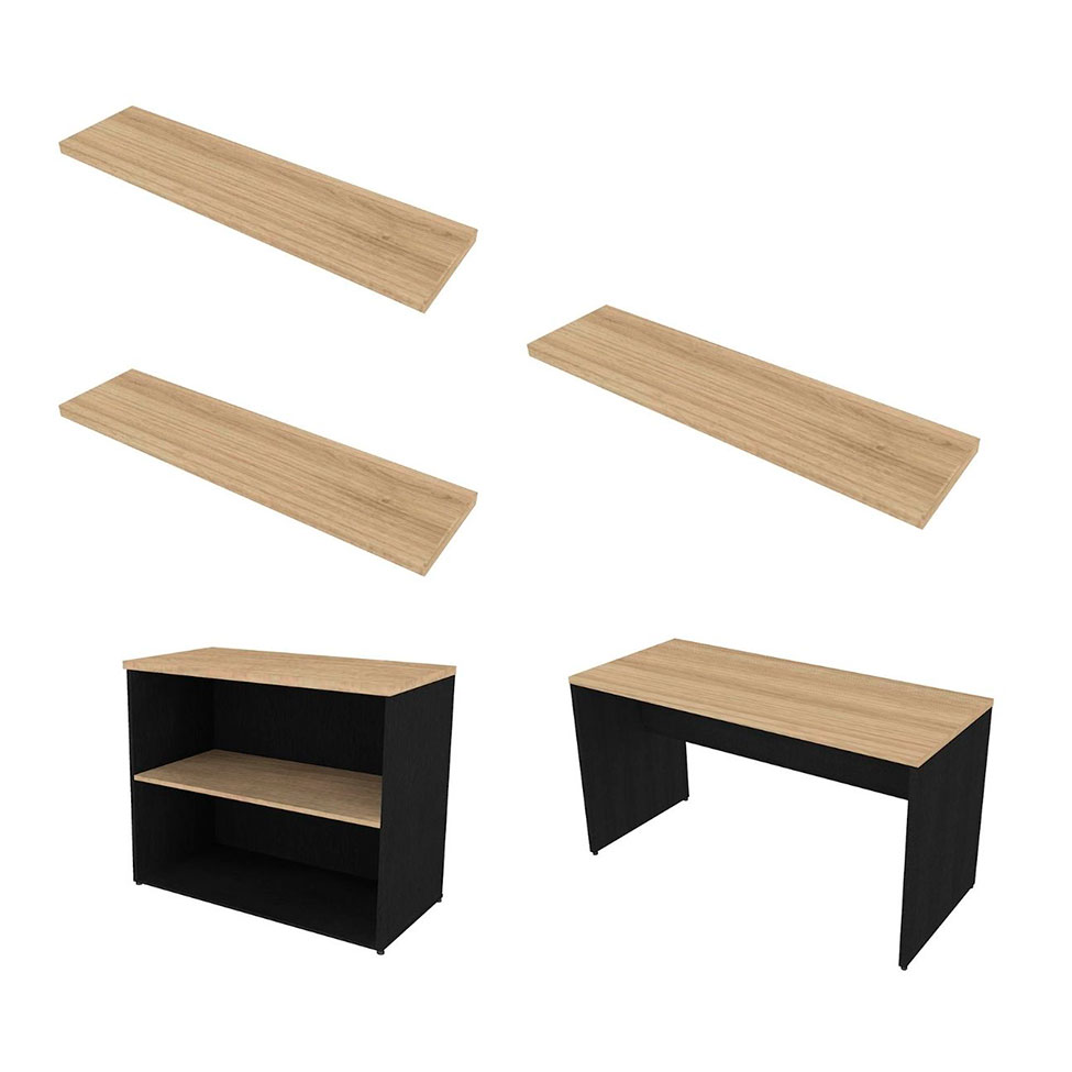 Conjunto de Mesa com Estante e 3 Prateleiras Siena Preto e Carvalho Mel