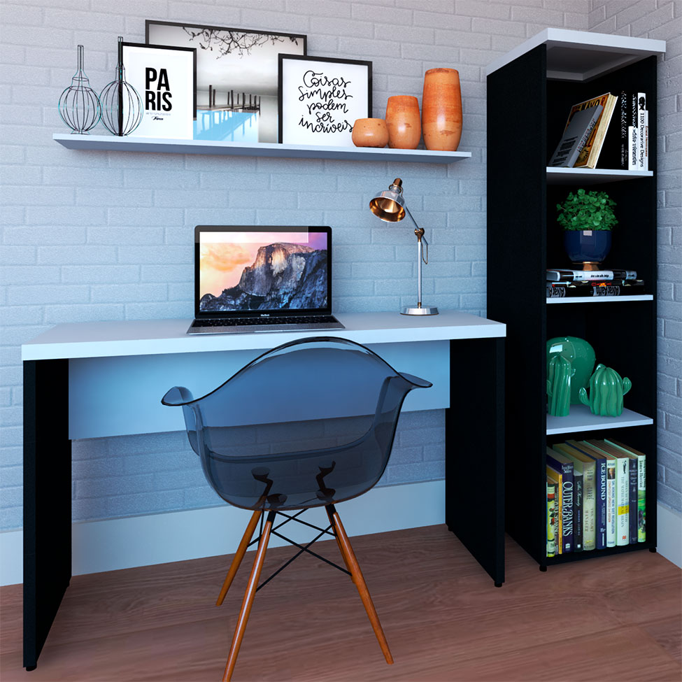 Conjunto de Mesa com Estante e Prateleira de Escritório Corp Preto e Cinza Cristal