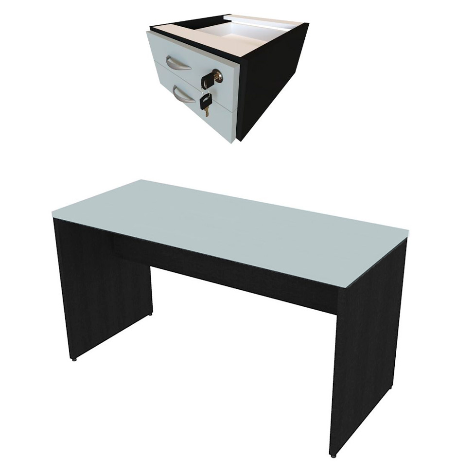 Conjunto de Mesa com Gaveteiro de Escritório Arvo Preto e Cinza Cristal
