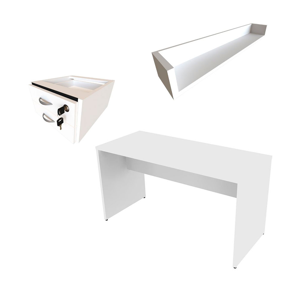 Conjunto de Mesa com Gaveteiro e Prateleira de Escritório Helen Branco