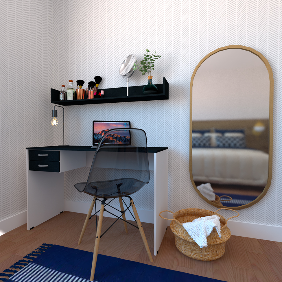 Conjunto de Mesa com Gaveteiro e Prateleira de Escritório Helen Branco e Preto
