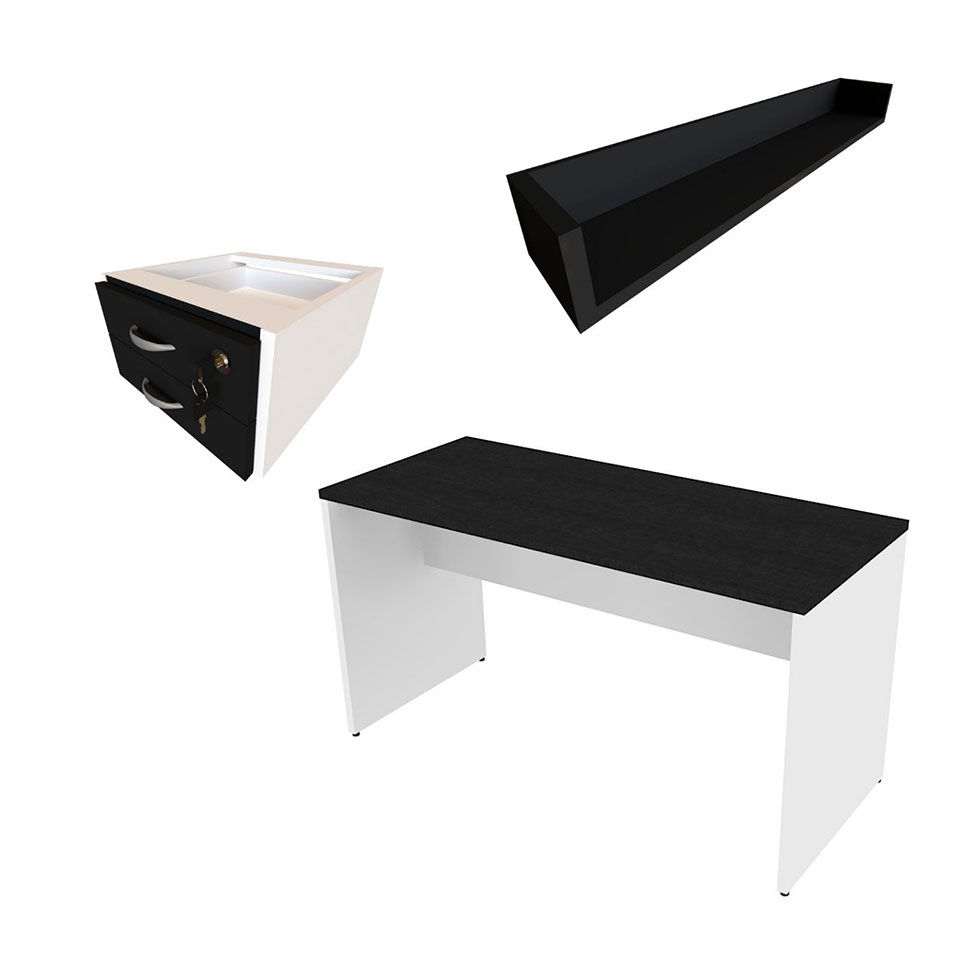 Conjunto de Mesa com Gaveteiro e Prateleira de Escritório Helen Branco e Preto