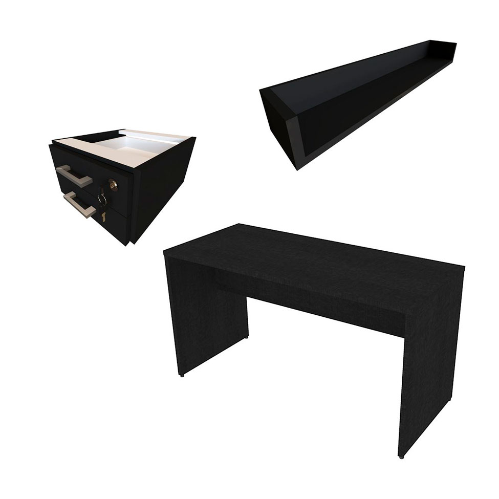 Conjunto de Mesa com Gaveteiro e Prateleira de Escritório Helen Preto