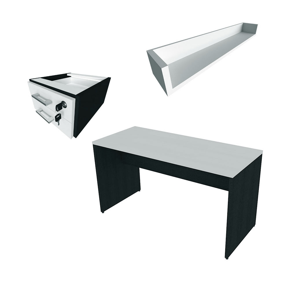 Conjunto de Mesa com Gaveteiro e Prateleira de Escritório Helen Preto e Cinza Cristal