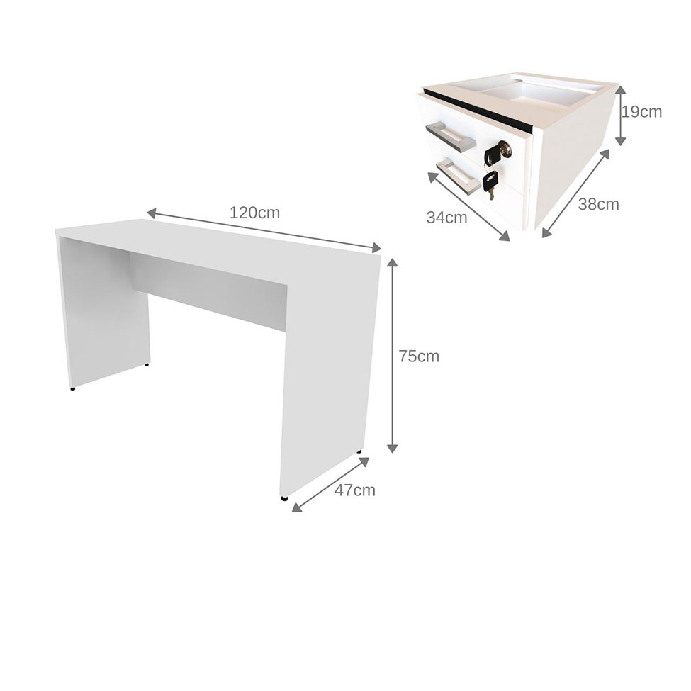 Conjunto de Mesa com Gaveteiro, Prateleira e Armário de Escritório Corp Branco