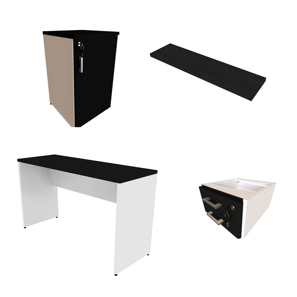 Conjunto de Mesa com Gaveteiro, Prateleira e Armário de Escritório Corp Branco e Preto