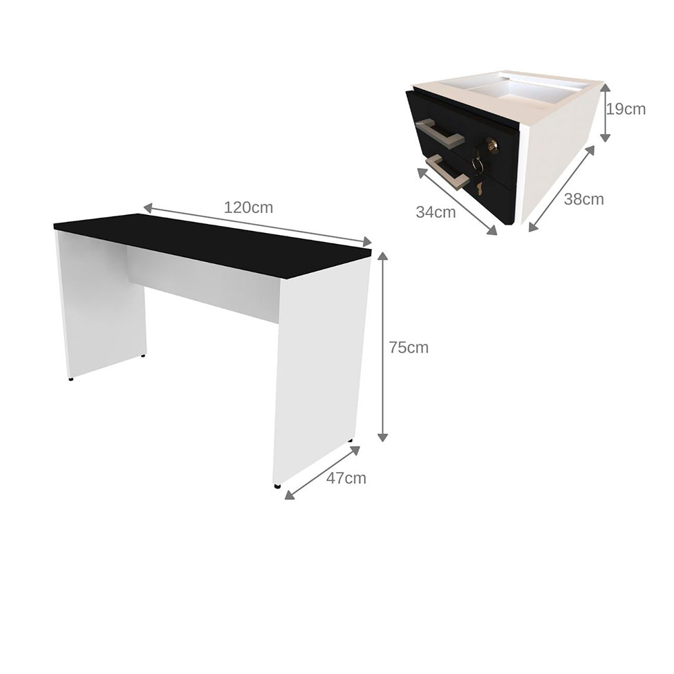 Conjunto de Mesa com Gaveteiro, Prateleira e Armário de Escritório Corp Branco e Preto