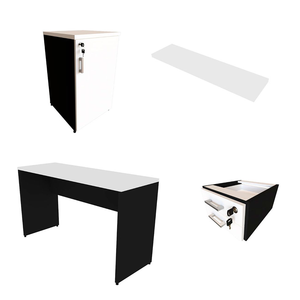 Conjunto de Mesa com Gaveteiro, Prateleira e Armário de Escritório Corp Preto e Branco