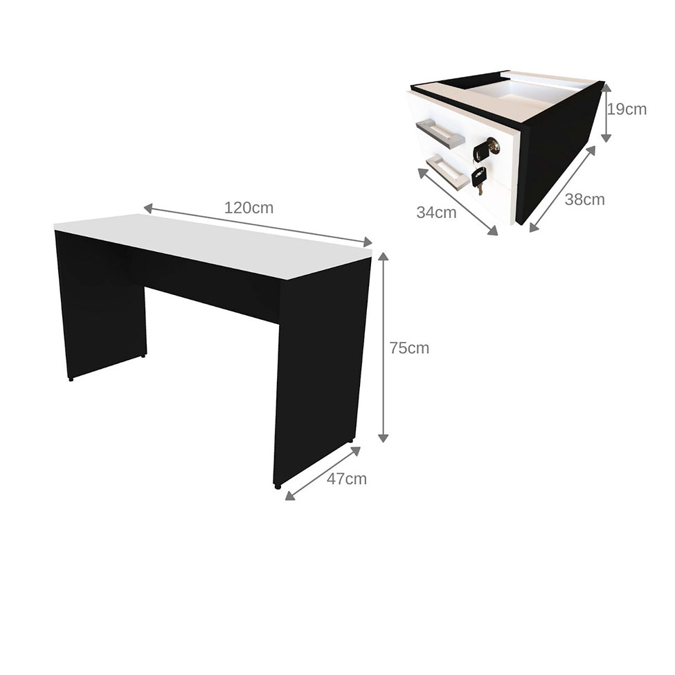 Conjunto de Mesa com Gaveteiro, Prateleira e Armário de Escritório Corp Preto e Branco