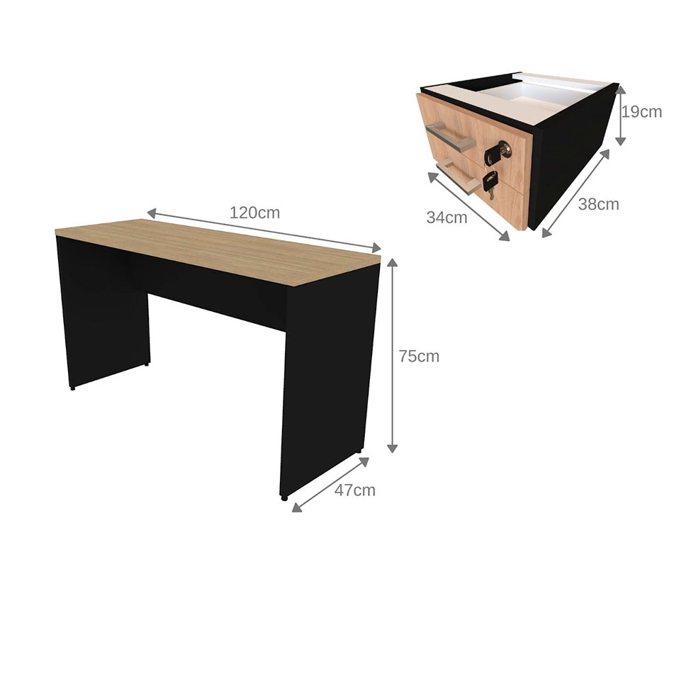Conjunto de Mesa com Gaveteiro, Prateleira e Armário de Escritório Corp Preto e Carvalho Mel