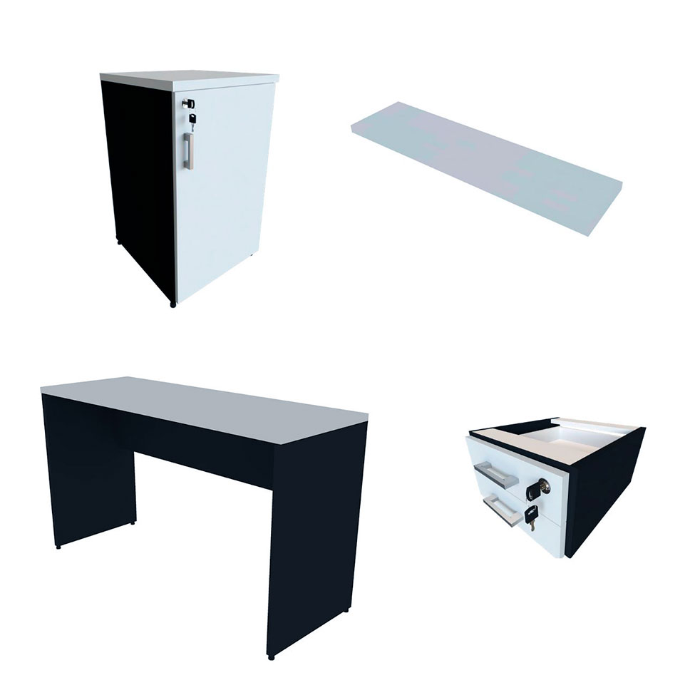 Conjunto de Mesa com Gaveteiro, Prateleira e Armário de Escritório Corp Preto e Cinza Cristal