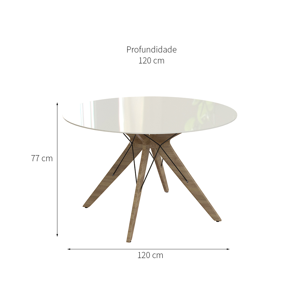 Mesa de Jantar Redonda com Tampo de Vidro Austin Off White e Freijó 120 cm