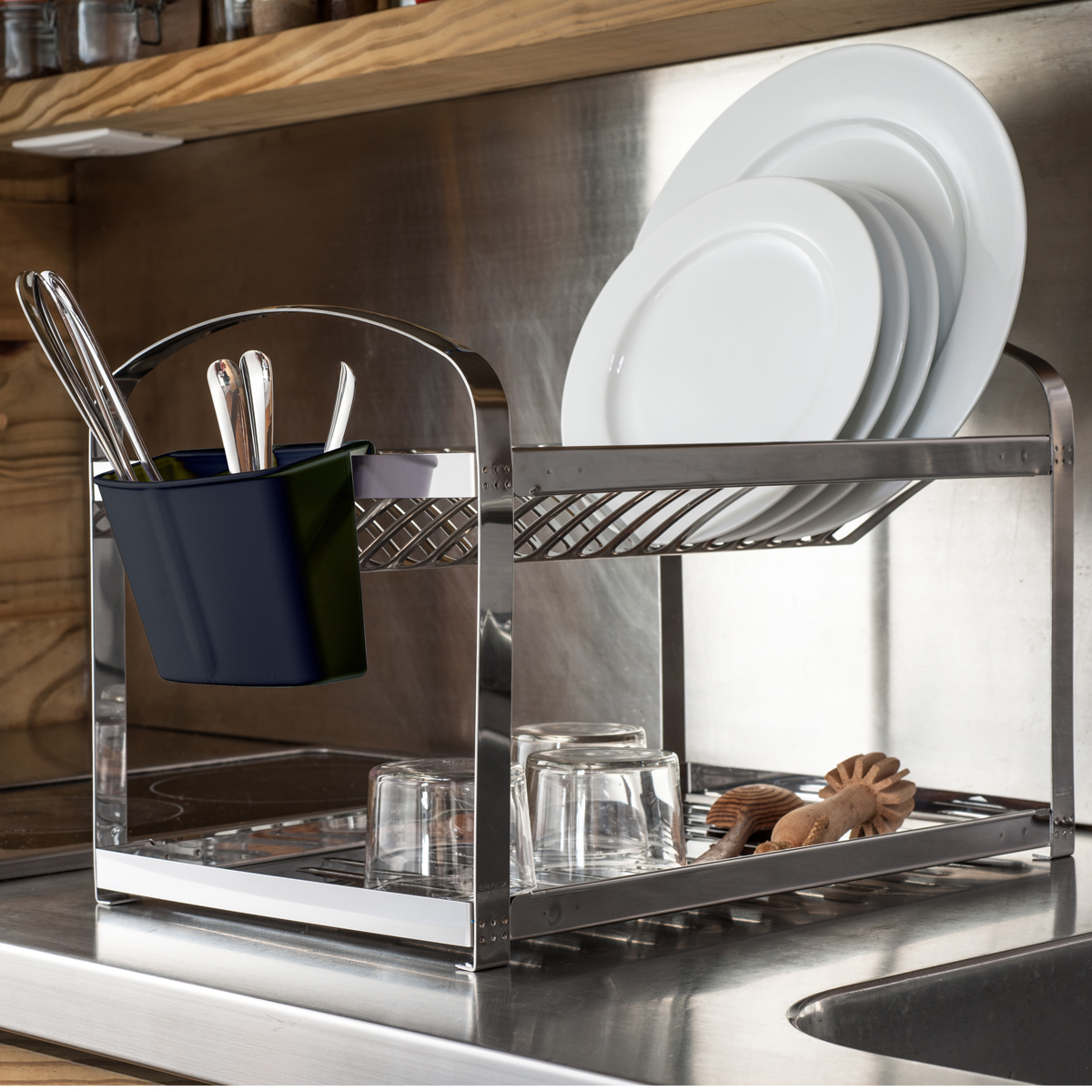 Escorredor Louças 16 Pratos Aço Inox Com Porta Talheres