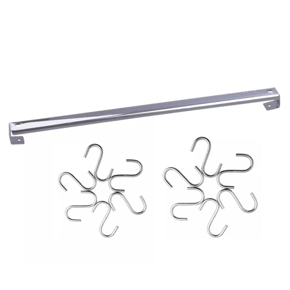 Suporte Barra 40cm Aço Inox E 12 Ganchos Em Aço Cromado