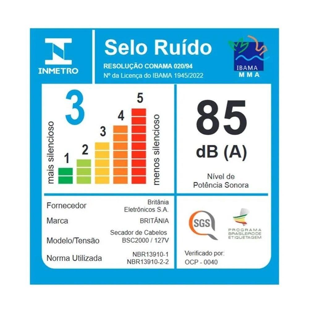 Secador de Cabelo Britânia BSC2000 com Ar Frio 2000W, Preto 220V