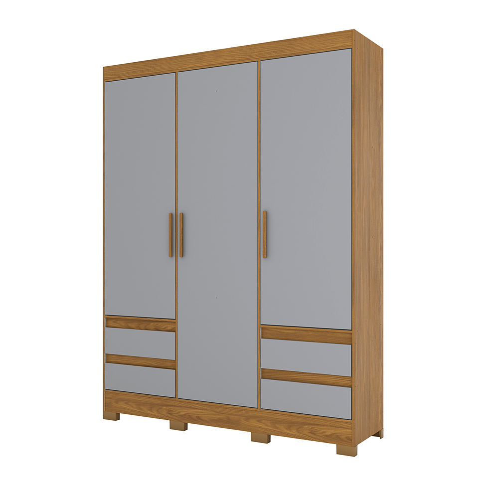 Guarda-Roupa Casal Lema 3 Portas 4 Gavetas Nature e Cinza