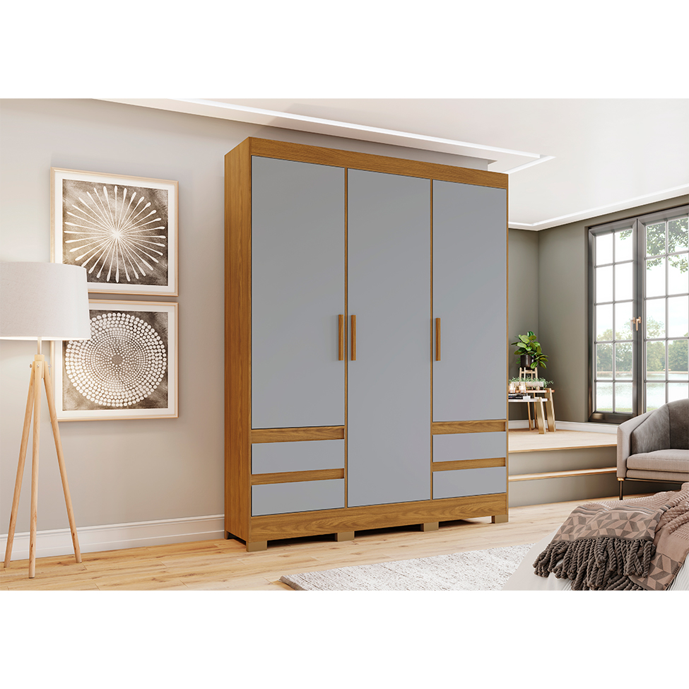 Guarda-Roupa Casal Lema 3 Portas 4 Gavetas Nature e Cinza