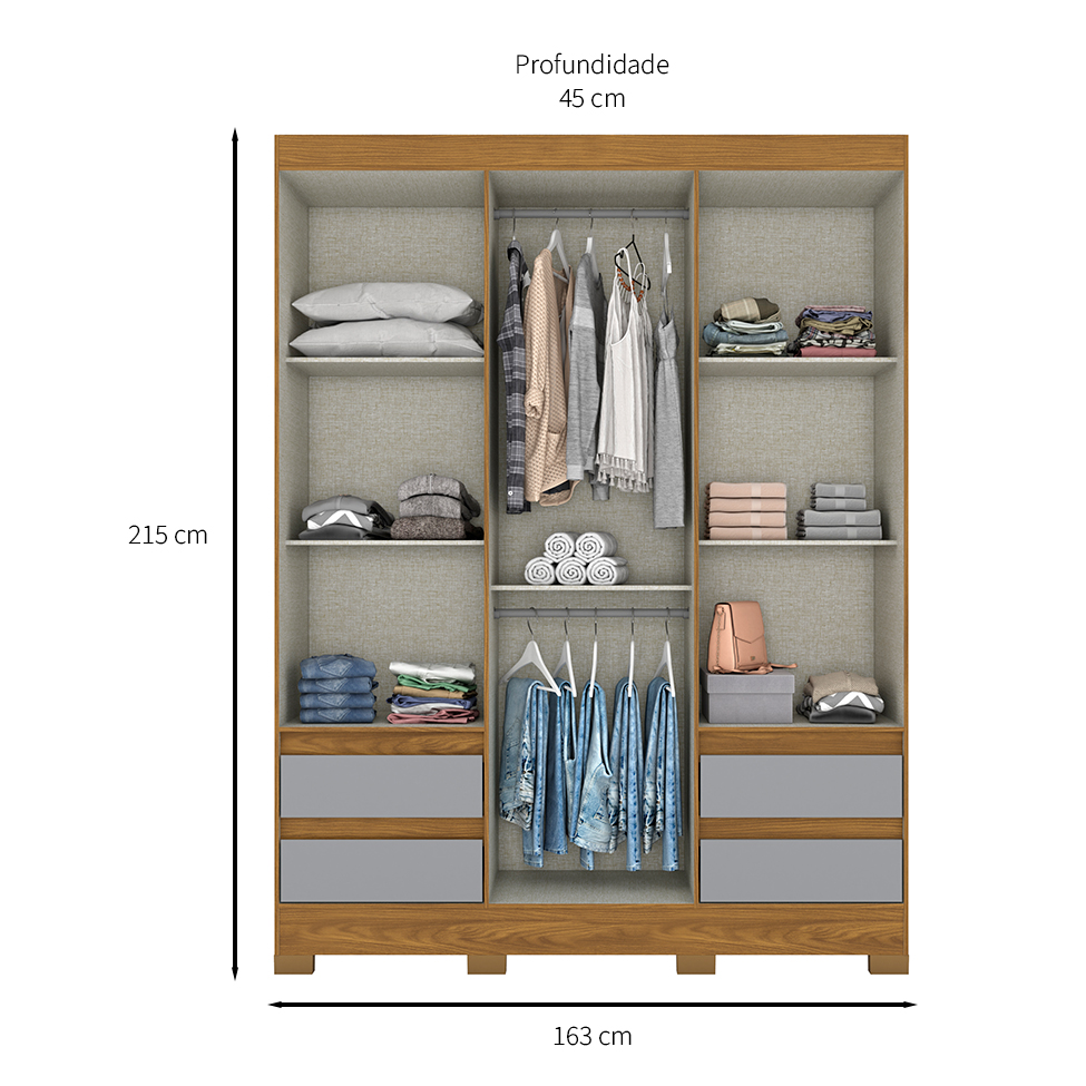 Guarda-Roupa Casal Lema 3 Portas 4 Gavetas Nature e Cinza