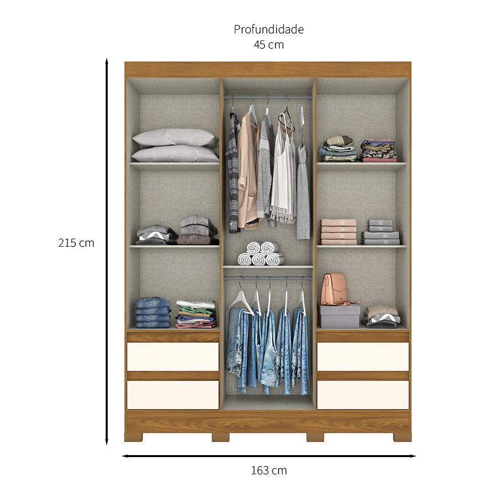 Guarda-Roupa Casal Lema 3 Portas 4 Gavetas Nature e Off White